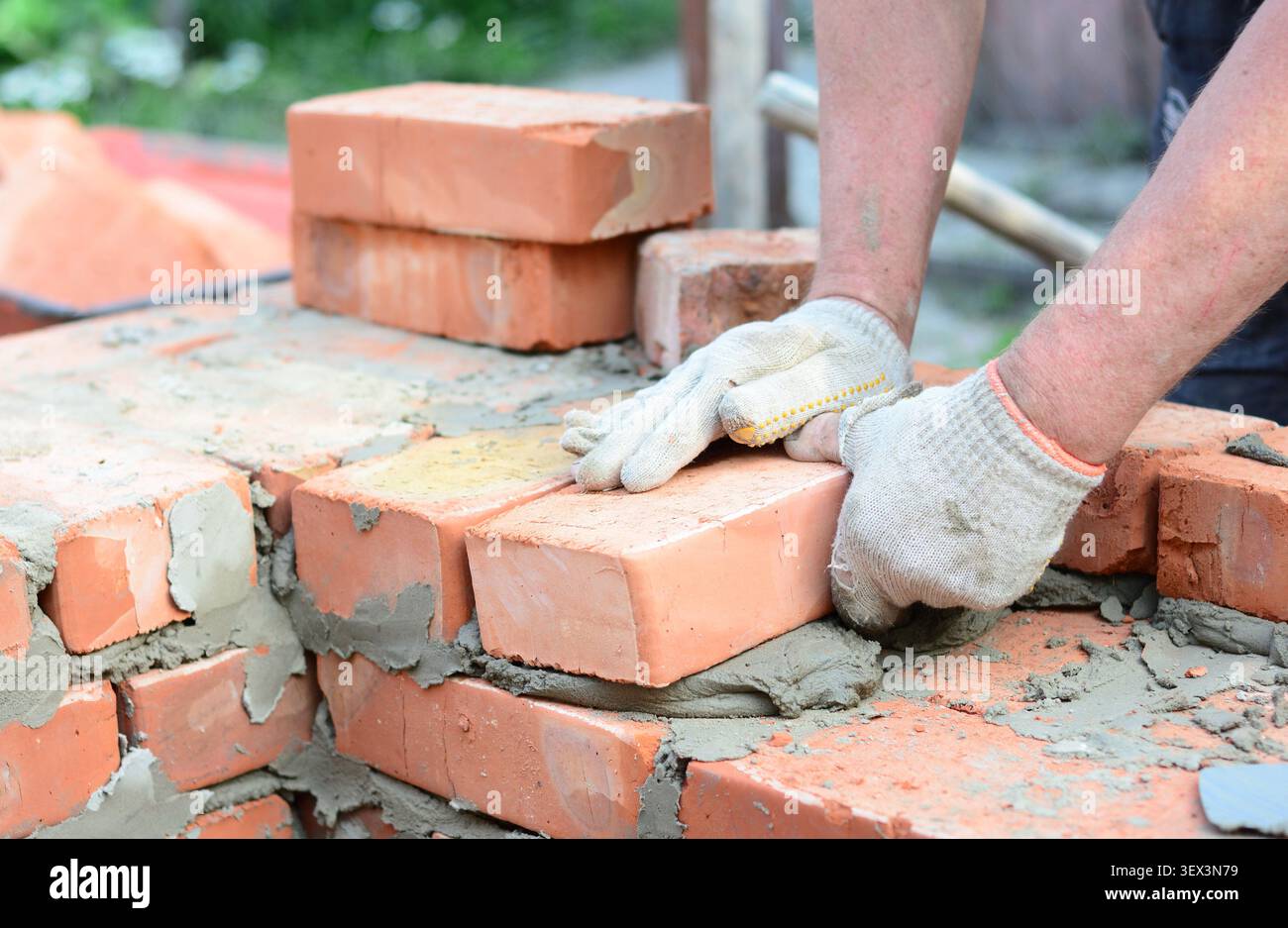 Bricklaying Construction Worker Building Brick House Wall Stock Photo
