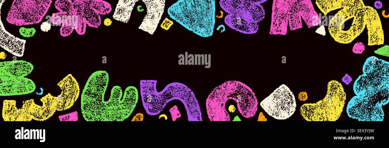Playful frame drawn in color crayon elements on a black background. Stock Vector