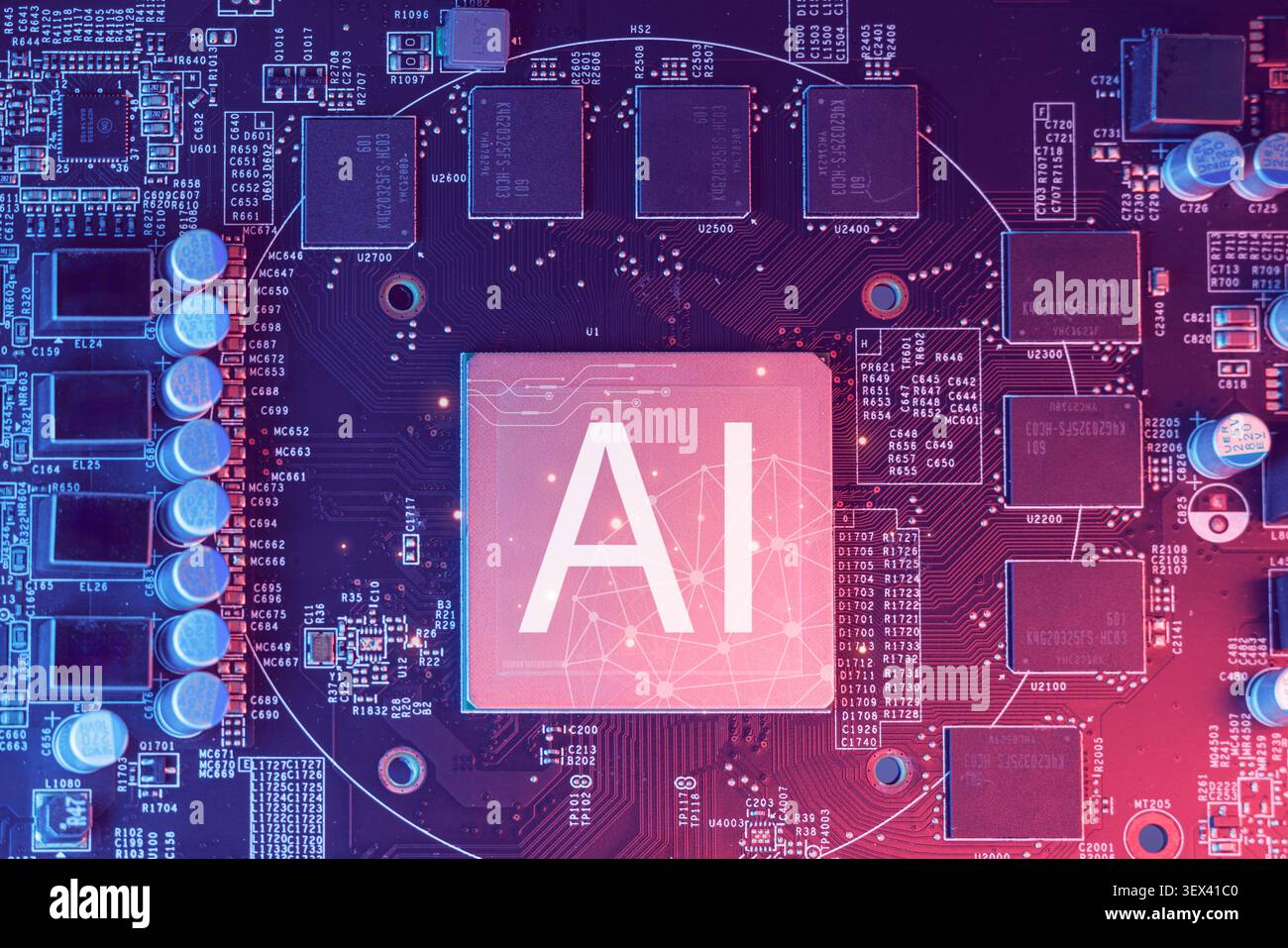 Ai Chips, AI microprocessor, Artificial intelligent memory computer processor on circuit board. Stock Photo
