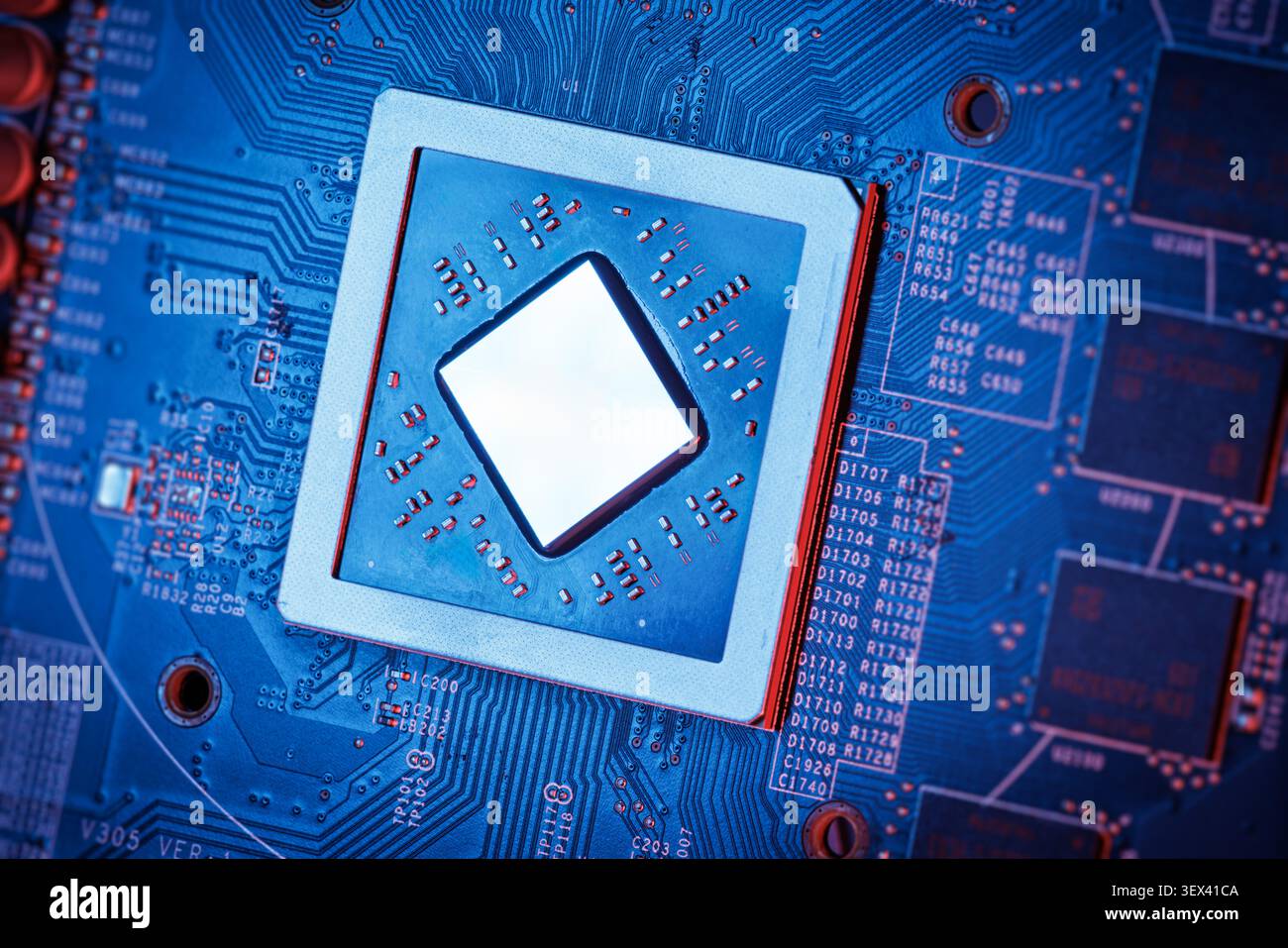 Ai Chip, NPU Chip, GPU Graphic board, Computer board, Microprocessor, CPU Processor, Tech background Stock Photo