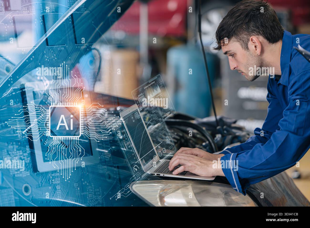 Modern smart young mechanic using AI Technology to help solve car problem and plan service maintenance process and predicting vehicle future problems. Stock Photo
