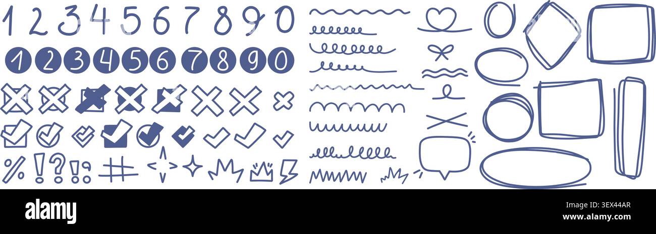 Doodle Numbers, Speech Bubble, Frames, Borders, Underlines and Scribble Elements Set. Isolated Blue Hand Drawn Checkmarks, Heart, Lines, Geometric Sha Stock Vector