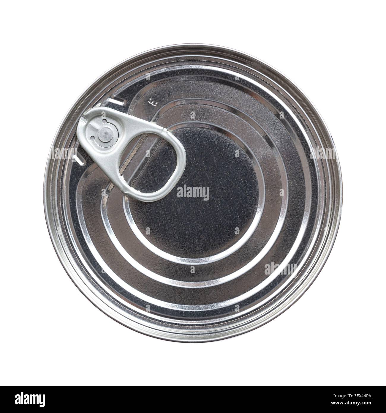 Round can, with ring-pull lid, isolated from above. Unopened easy-open can, a cylindrical metal container, for convenient, tool-free opening. Stock Photo