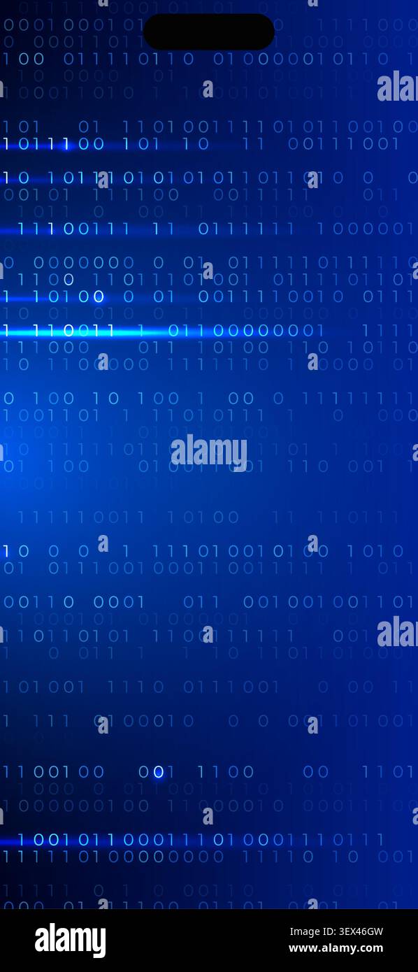 Digital binary data code abstract background. Futuristic cyber matrix, glowing blue numbers, information flow, programming concept for phone wallpaper Stock Vector