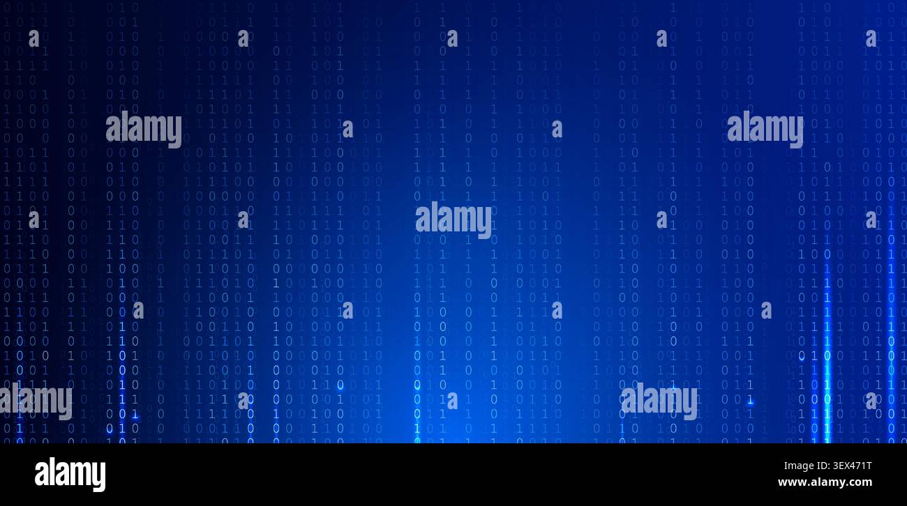 Digital data flow blue background, binary code grid, cyber network motion, AI analytics technology theme, computer technology banner presentation Stock Vector