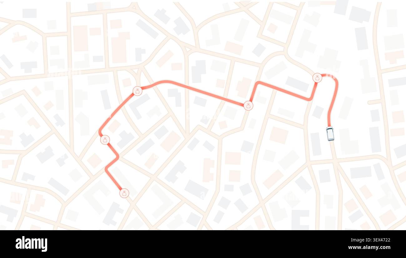 Urban street map showing garbage collection vehicle tracking along route with multiple stops Stock Vector