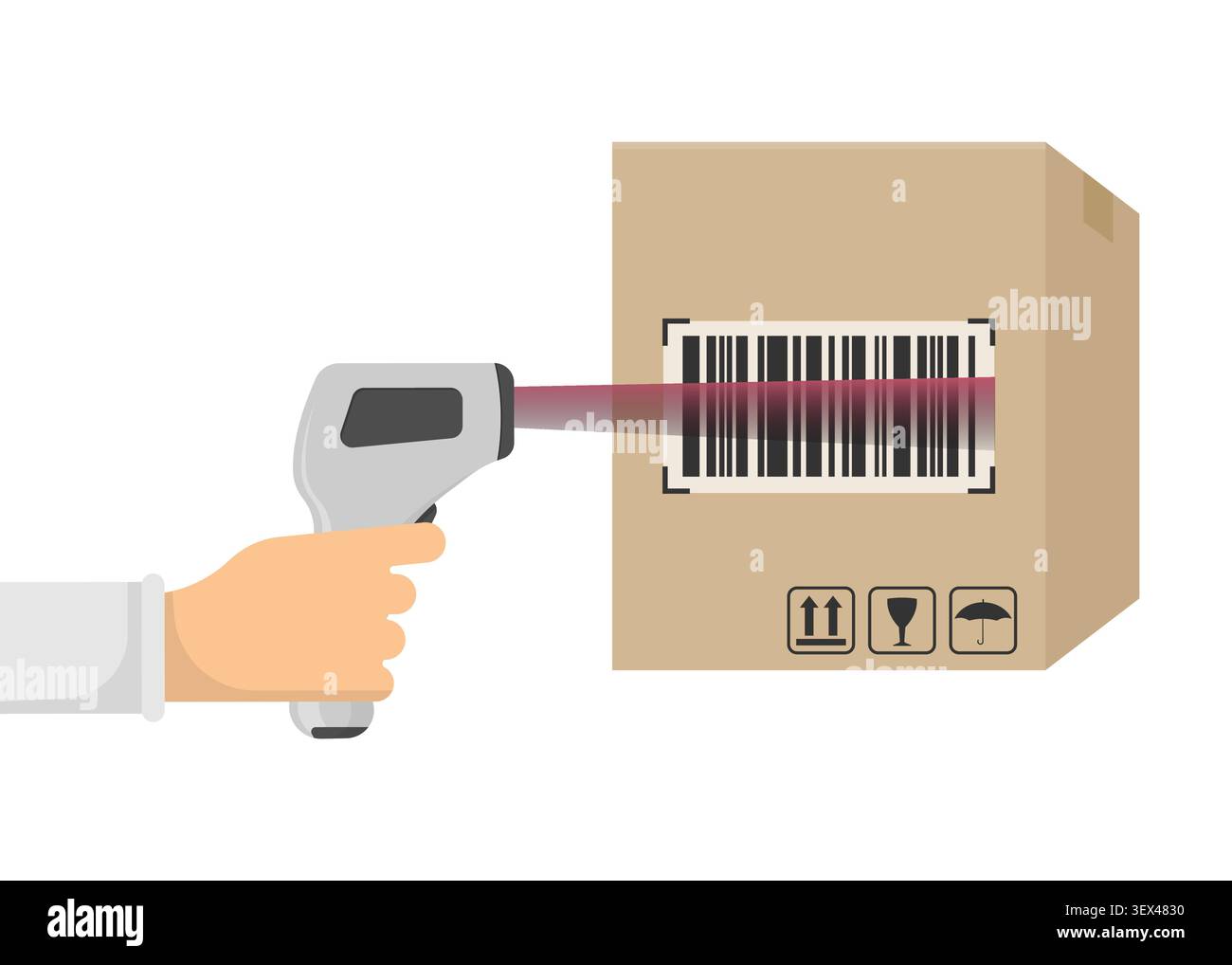 Barcode scanner package. Package barcode scanning. Warehouse barcode scanner. Shipping box barcode. Inventory tracking package. Vector illustration Stock Vector