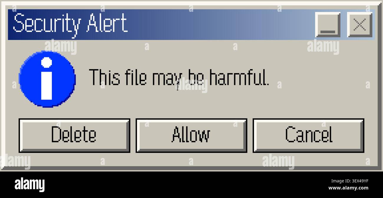 Pixel style security alert popup window with file warning, vector pixel art Stock Vector