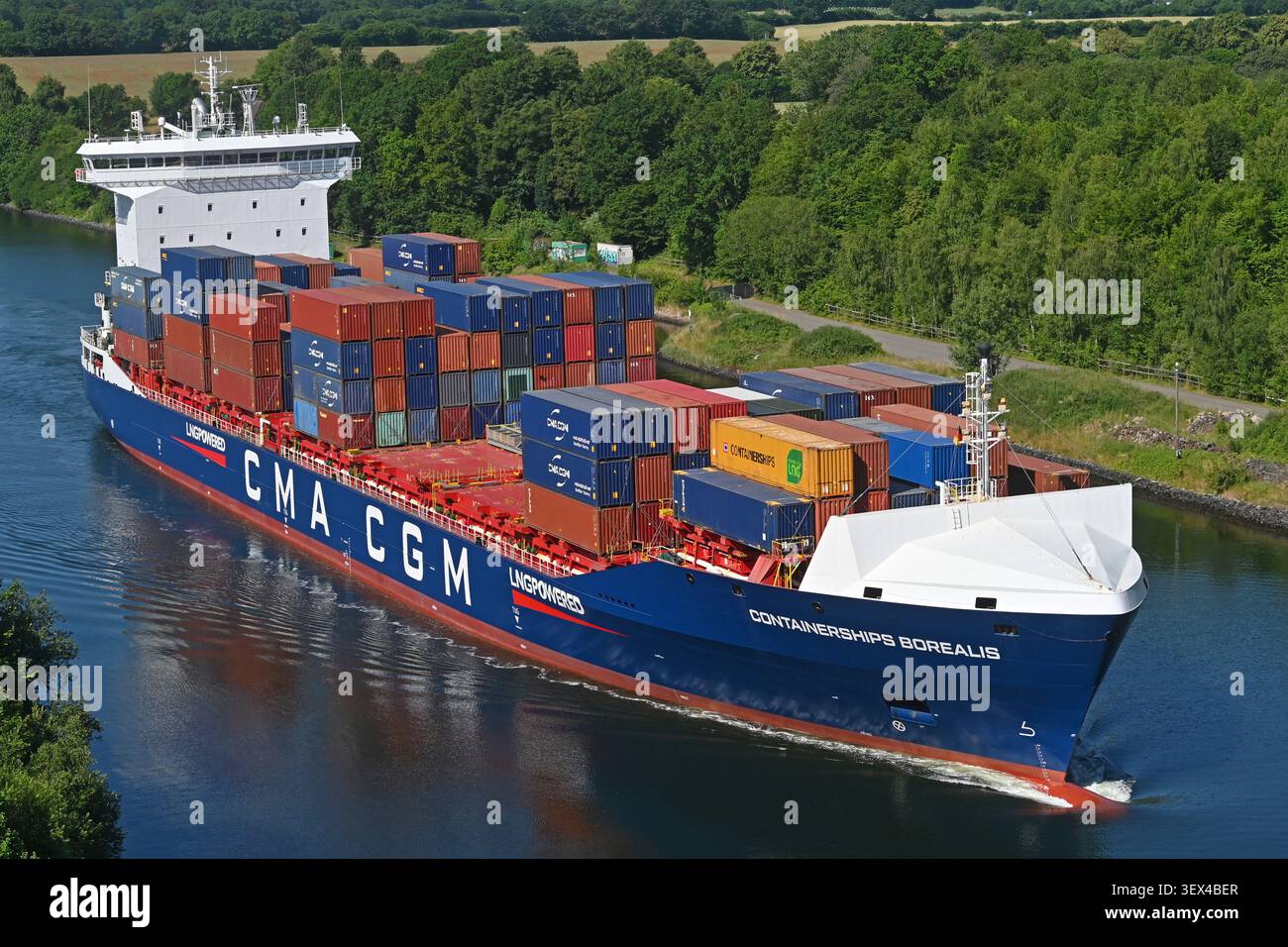 CONTAINERSHIPS BOREALIS passing the KIel canal showing its new CMA-CGM livery Stock Photo
