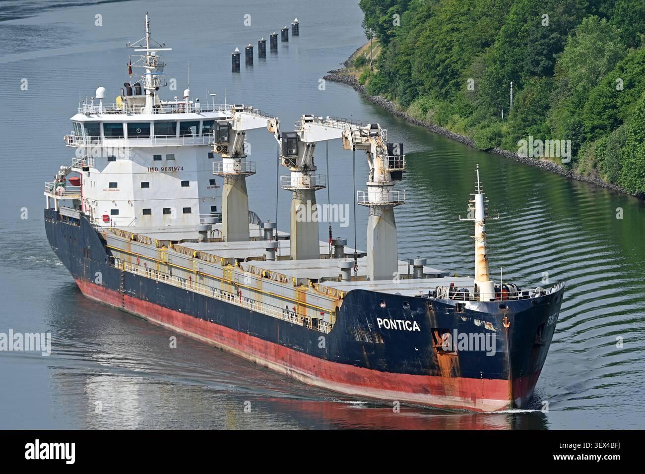 General cargo ship PONTICA passing the Kiel canal Stock Photo