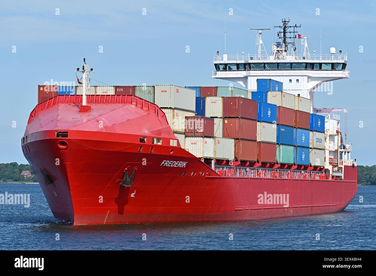 Containership FREDERIK passing the Kiel canal Stock Photo
