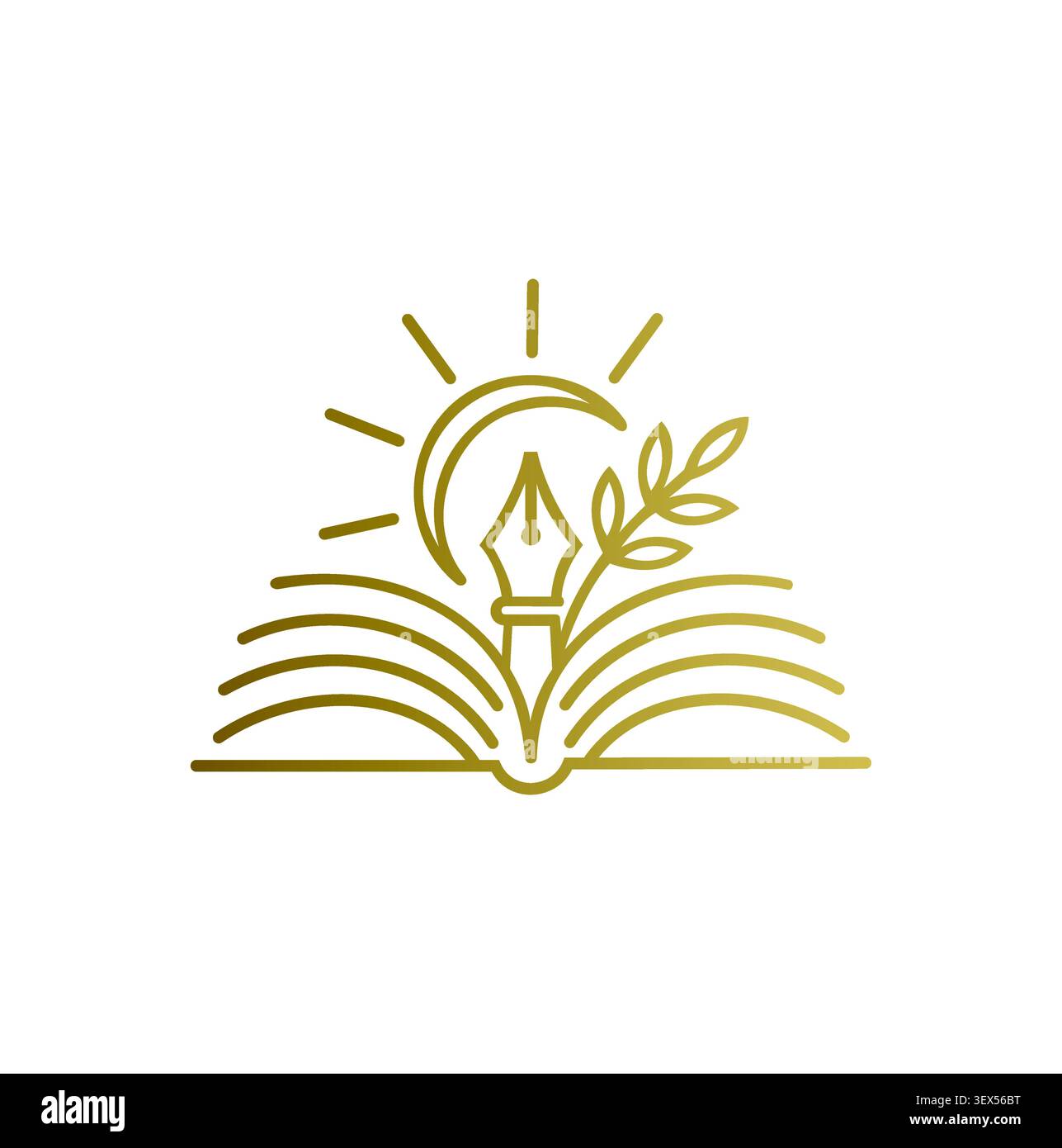 Modern minimalist elegant gold book logo with a pen nib. Stock Vector