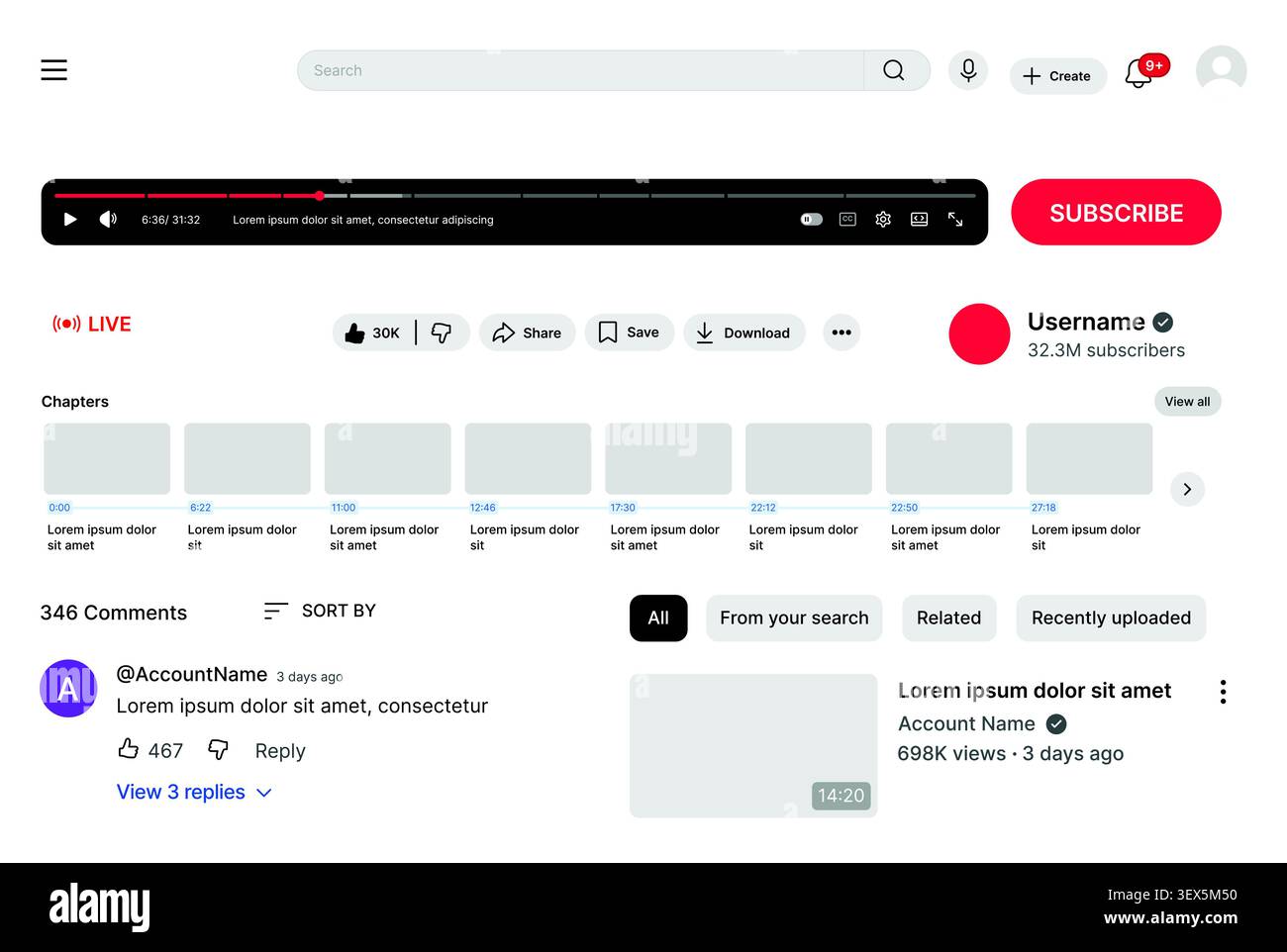 YouTube video player interface UI template with live streaming, comments, subscribe button, recommendations and channel layout vector Stock Vector