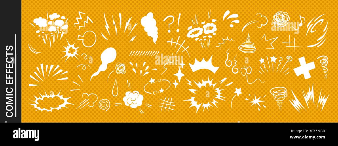 Explosive doodle comic action scene featuring dynamic burst effect vector illustration set. Stock Vector