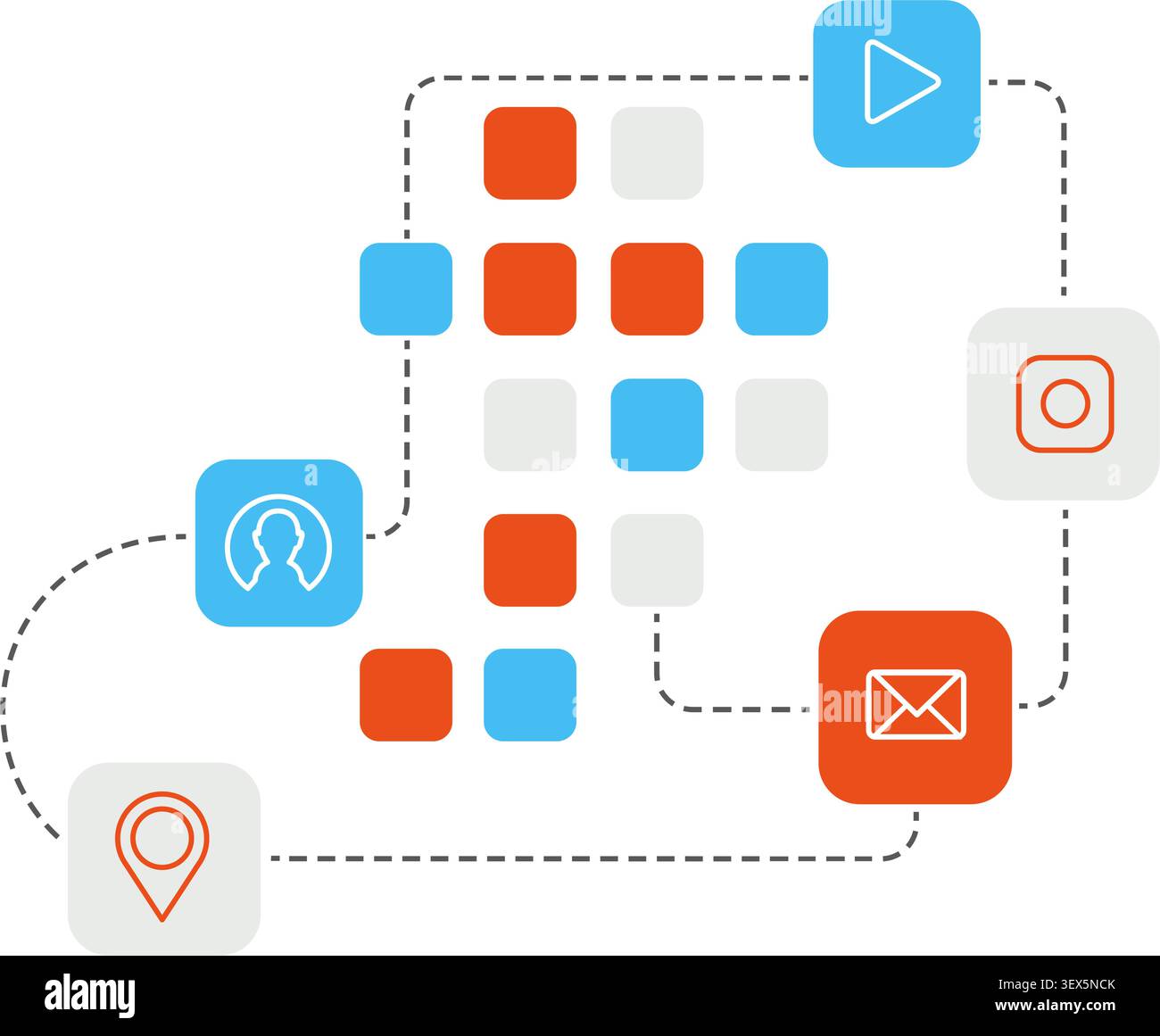 Mobile application network flowchart with connected icons vector illustration Stock Vector