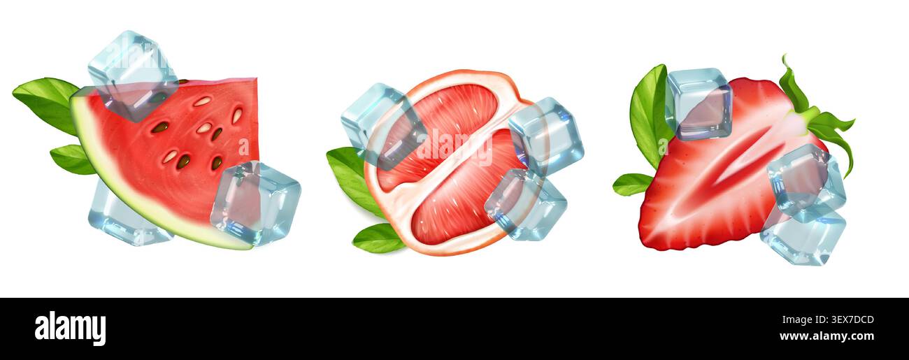 Fresh strawberry slices with ice cubes, watermelon, grapefruit pieces, and green leaves, realistic vector illustration isolated on white background. Cool summer fruit composition with juicy berries Stock Vector