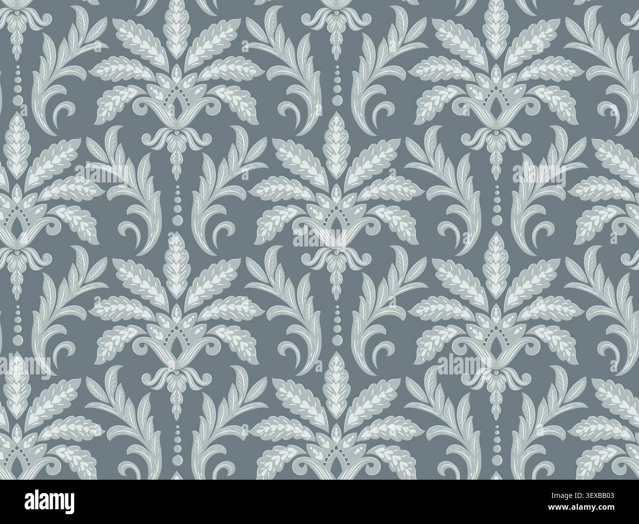 Blue Gray Floral Damask Seamless Pattern with Botanical Motifs Stock Vector