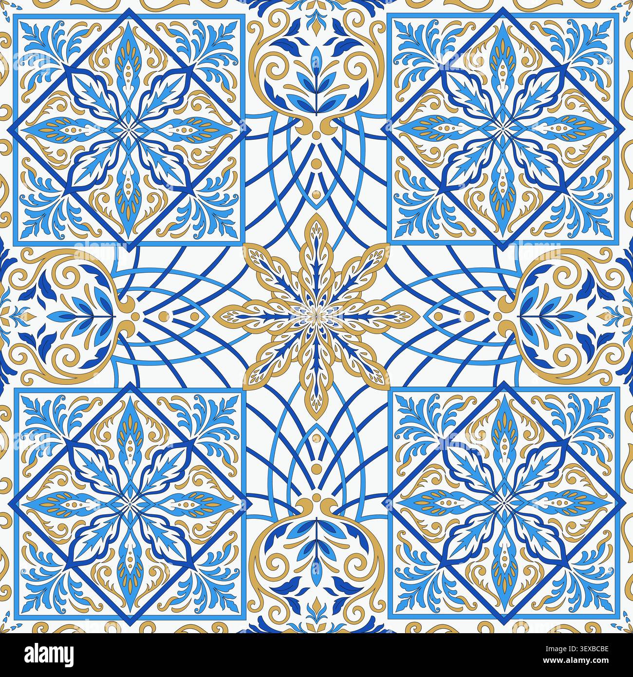 Blue and Gold Azulejo Tile Seamless Ornamental Pattern Stock Vector