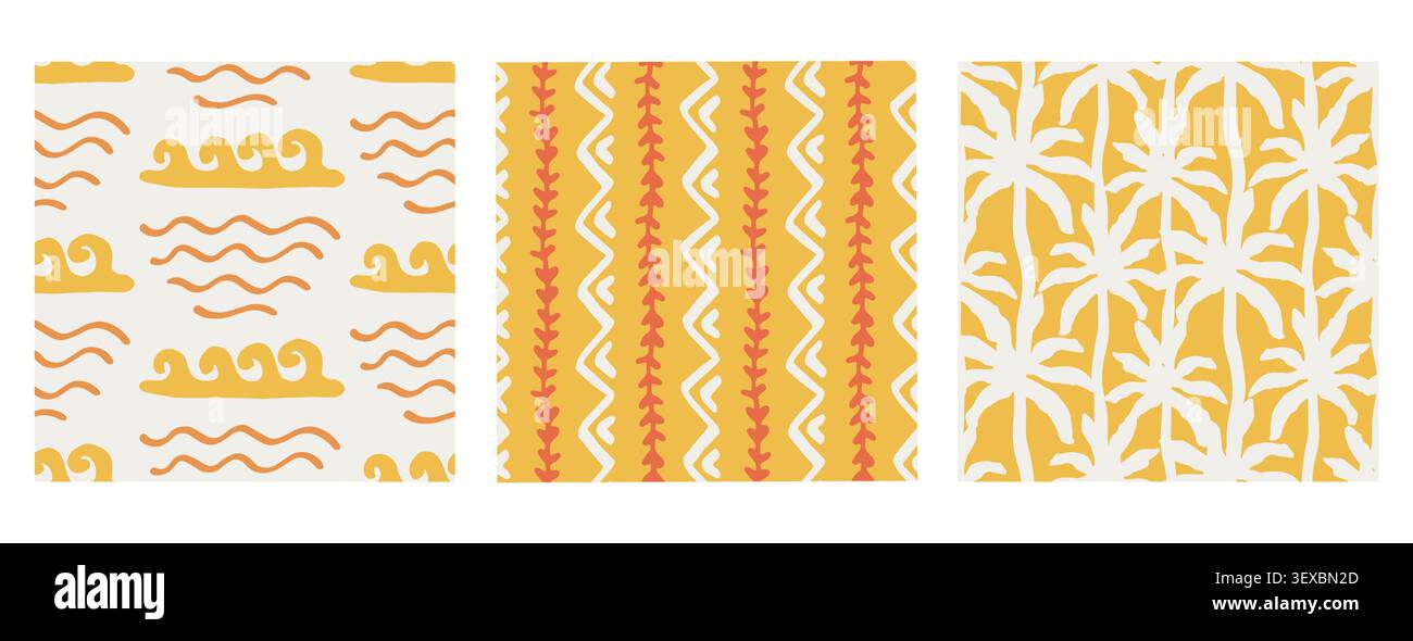 Boho tropical pattern set Waves, palm leaves motif Stock Vector