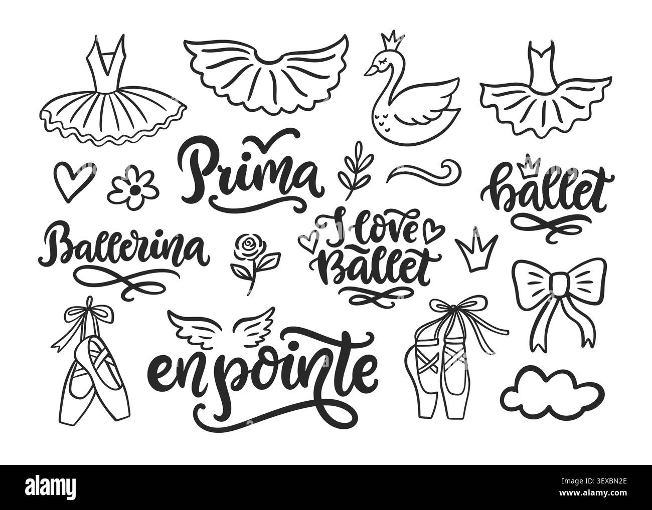 Ballet vector with ballerina element lettering set Stock Vector