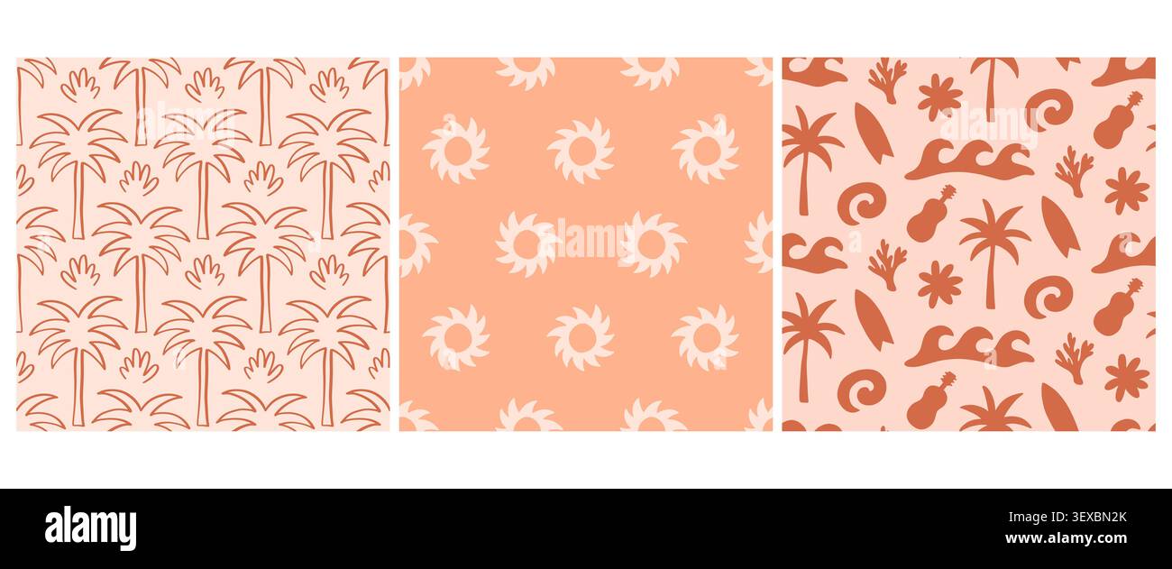 Boho beach waves, palm trees seamless pattern set Stock Vector