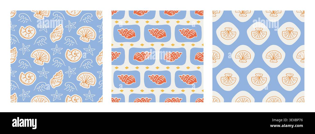 Sea shell seamless patterns set, coastal print Stock Vector