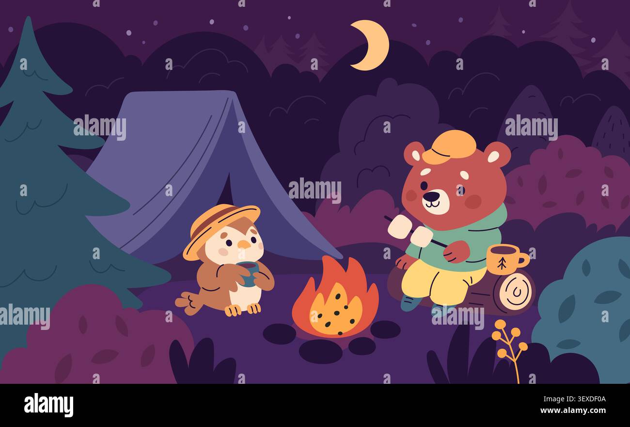 Animals in camping. Night forest adventures, bear and owl near campfire, hot chocolate with fried marshmallows, tent, hiking and recreation garish Stock Vector