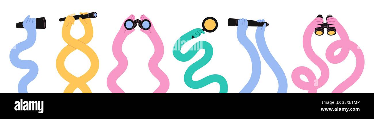 Long colorful hands hold binoculars. Funny search and visual discovery elements, abstract arms with telescope and magnifier in modern trendy, garish Stock Vector