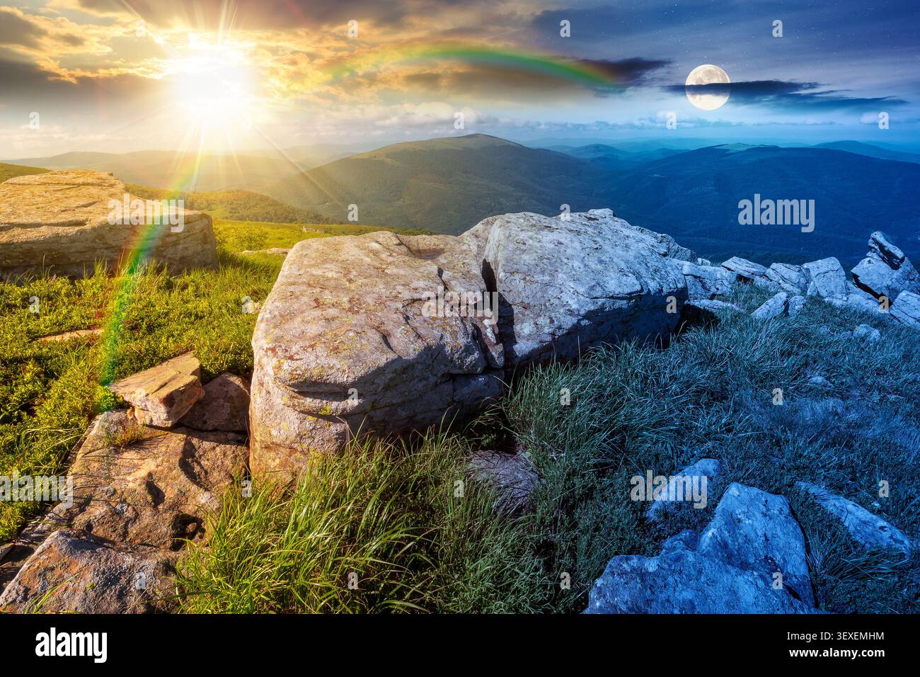 mountain landscape with grass and rock on a slope. day meet night. view in to the distant valley of carpathian mountains. sun and moon in harmony over Stock Photo