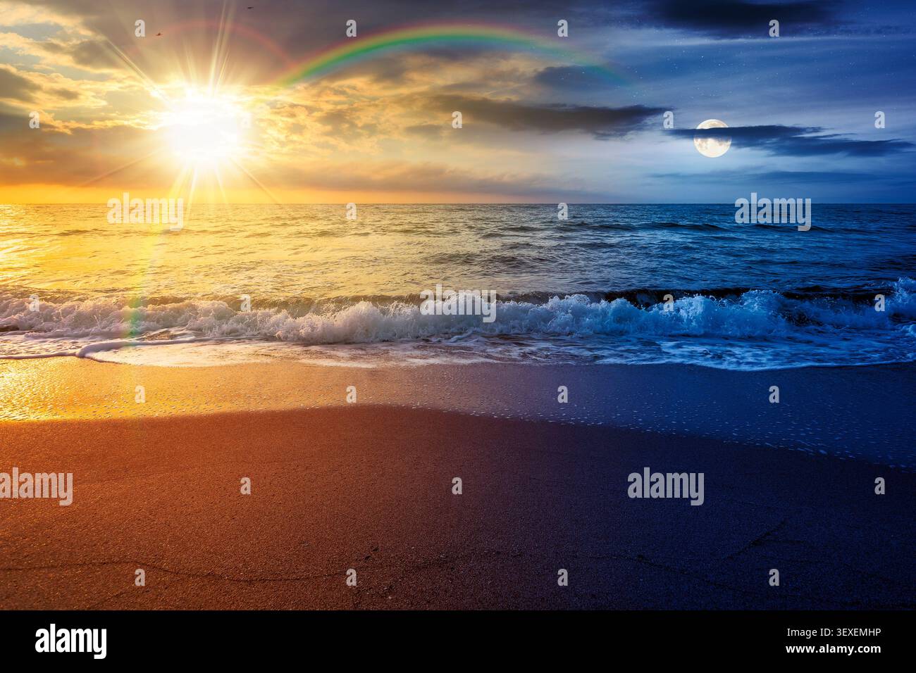 black sea landscape on summer solstice. day meet night. sun and moon over bulgaria nature landscape with sandy beach. vacation at the sea shore concep Stock Photo