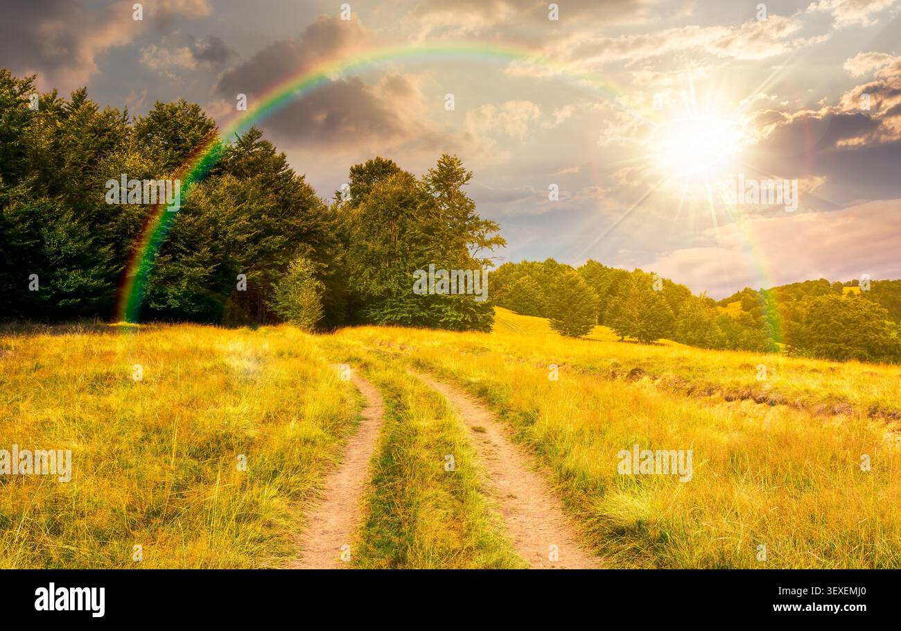 sunset over dirt road through grassy hills. mountain landscape with beech forest along the path. remote countryside. late summer scenery with primeval Stock Photo