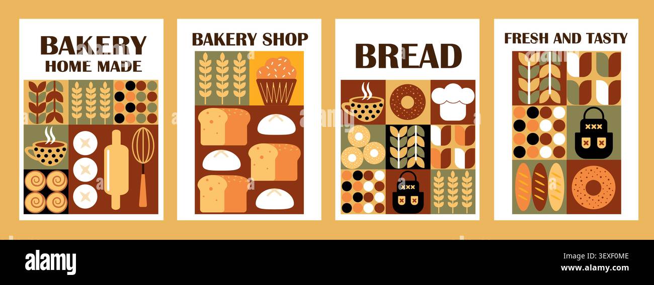 pattern design of bread. Pattern geometric shapes, bread, mill, pastries, in soft yellow-brown tones. Pattern for packaging, poster, banner, card, flyer on the theme of bakery products. Vector Stock Vector Stock Vector