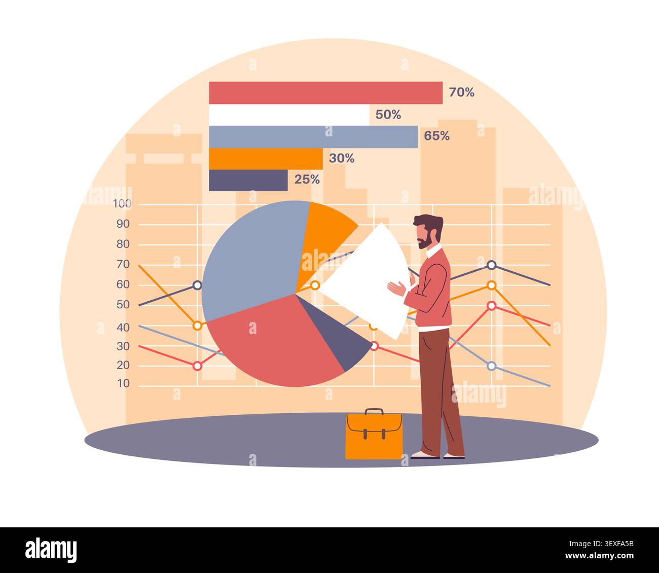 Business analytics and data visualization. Analyst presenting charts, statistics, kpi metrics and market performance report, visualization for Stock Vector