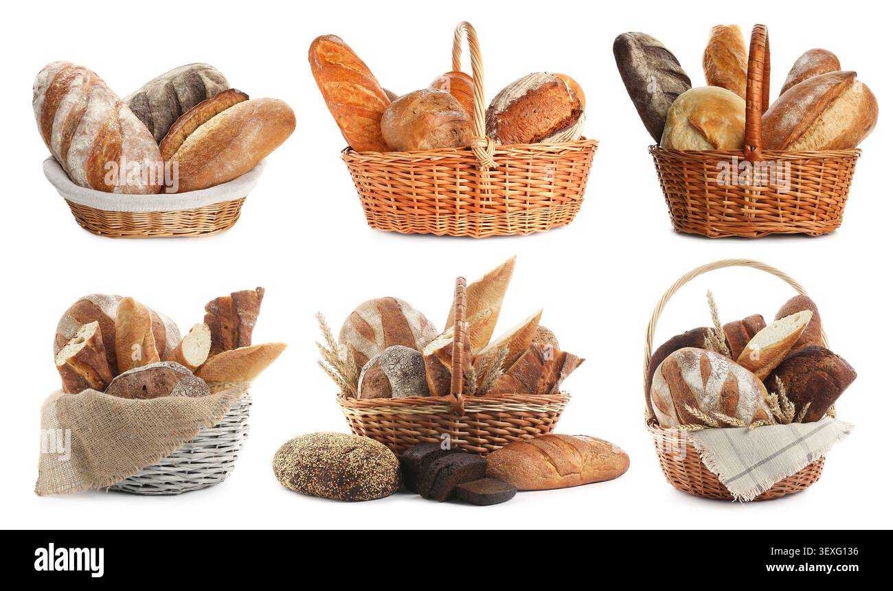 Bread in wicker baskets isolated on white, set Stock Photo