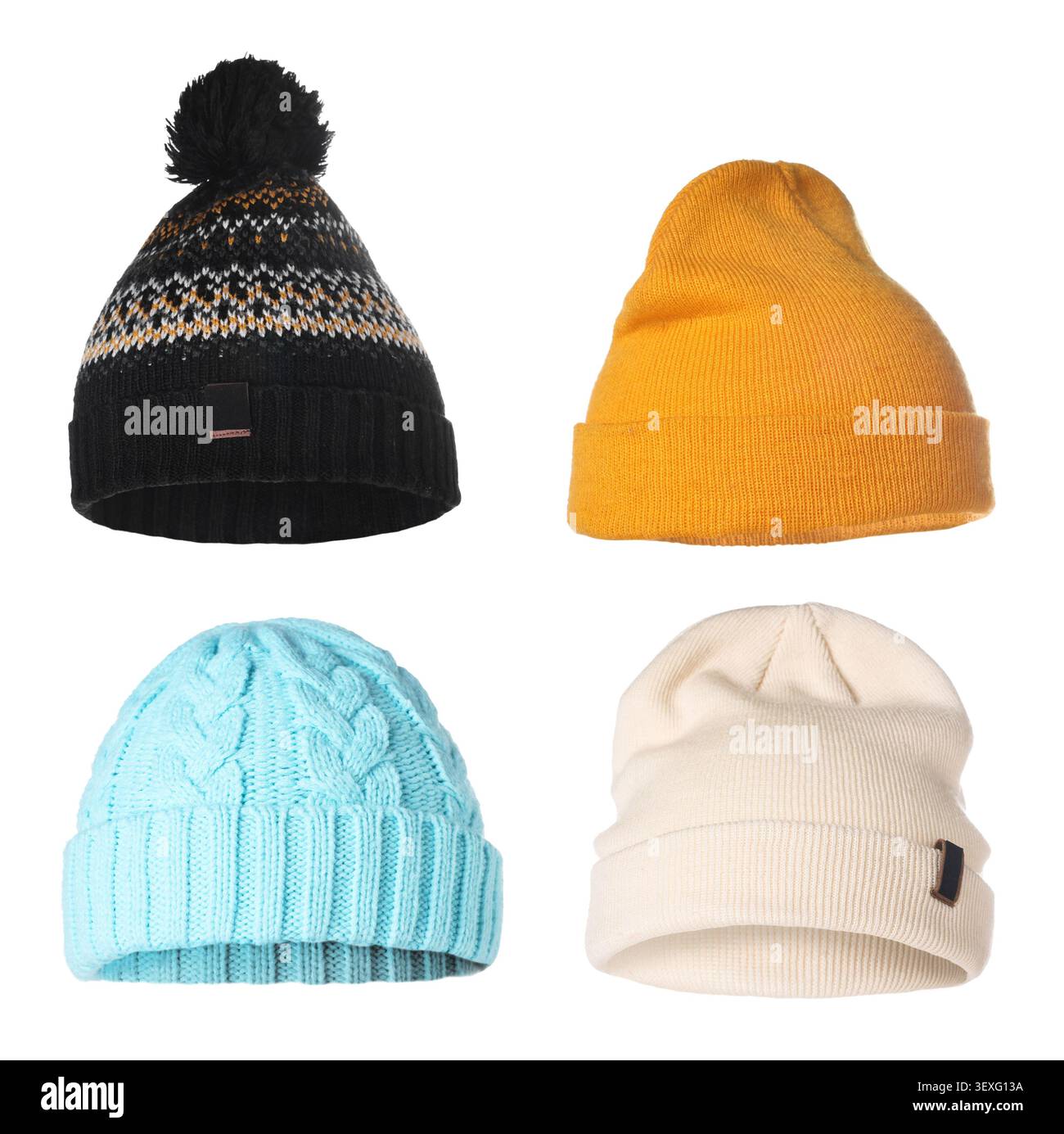Different knitted hats isolated on white, set Stock Photo
