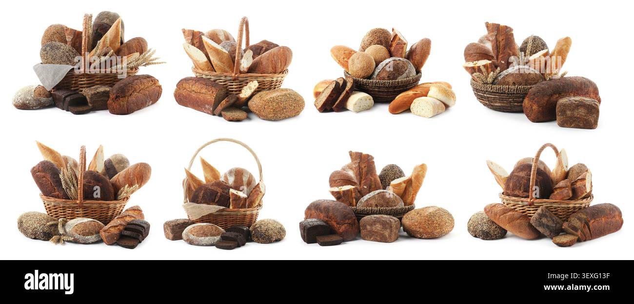 Bread in wicker baskets isolated on white, set Stock Photo