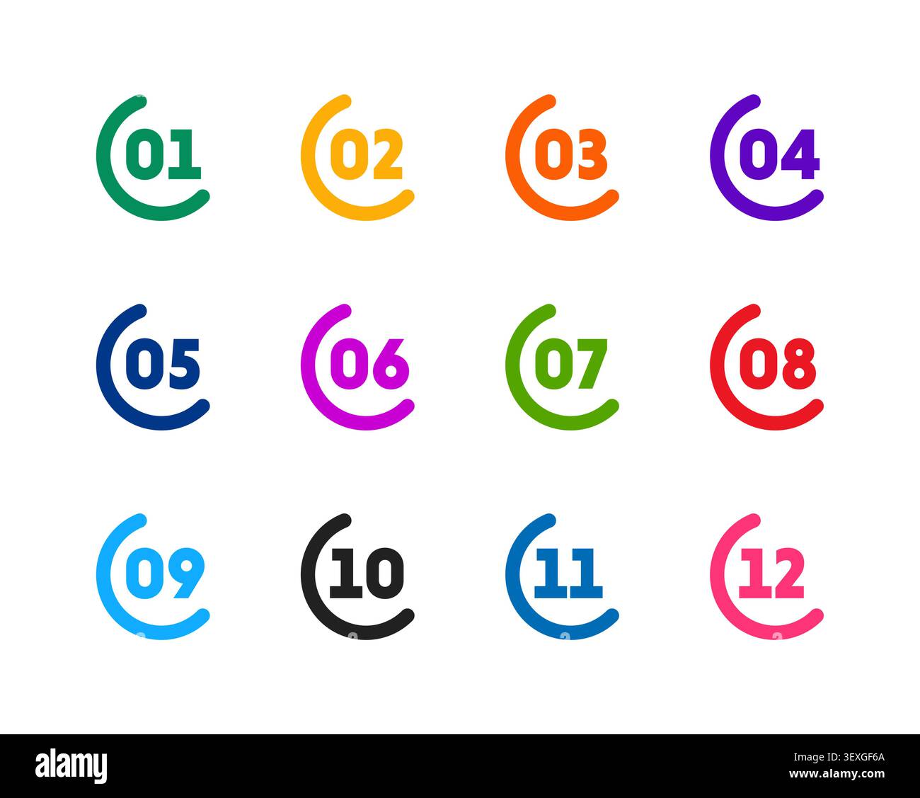 Colorful Sequential Number Icons 1 to 12 Vector Set Stock Vector