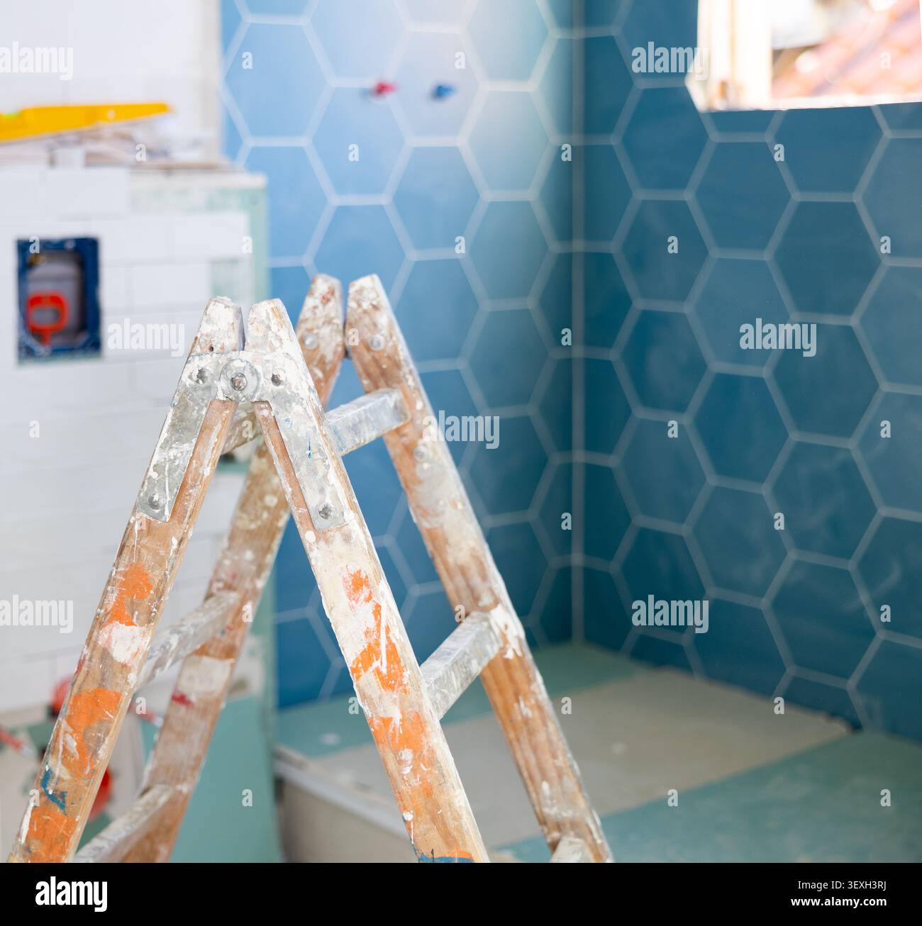 Stepladder in empty bathroom during improvement works Stock Photo