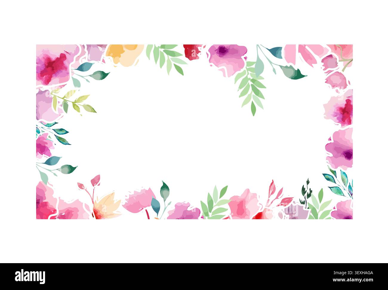 Rectangular frame postcard with watercolor flowers . Hand drawn. Not AI, vector illustration. Stock Vector