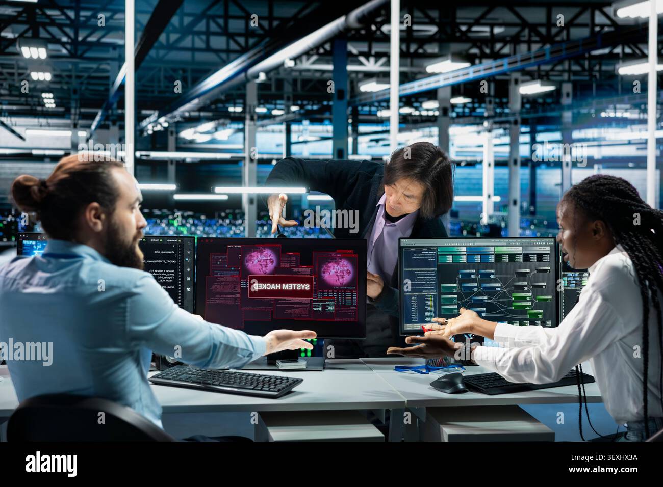 Team leader and software developers in computing hub work with deep learning to resolve hacking incident, while work with AI tech to stop exploits breaching security systems. Stock Photo