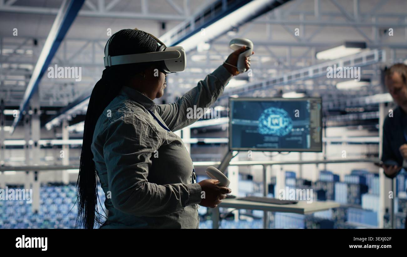 Software development team uses tablet-based deep learning tools in a server room to improve AI operations and system efficiency. Stock Photo