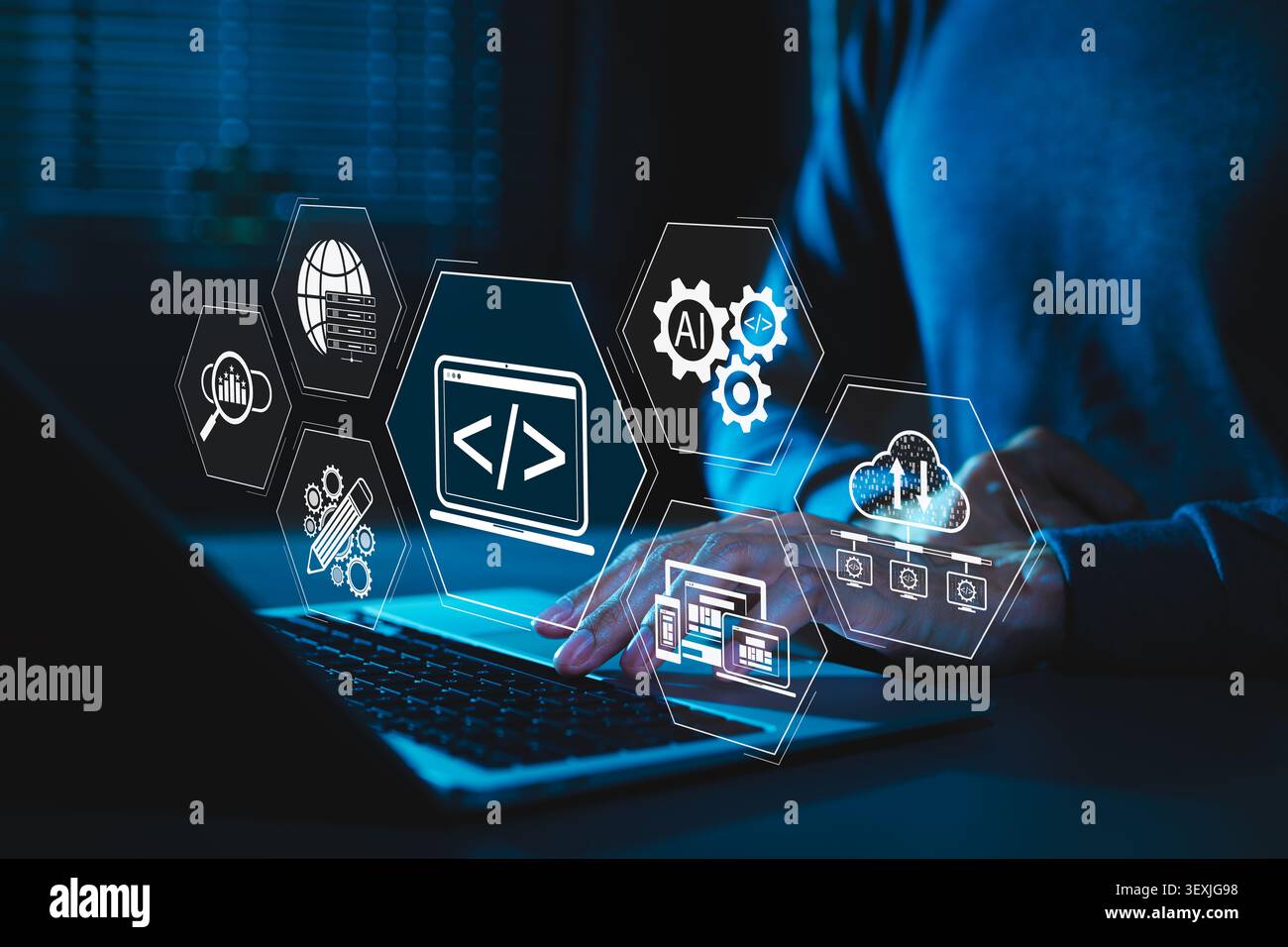 Web development and web design technology concept. developer using web coding interface, wireframe, AI automation tools, cloud hosting, server network Stock Photo
