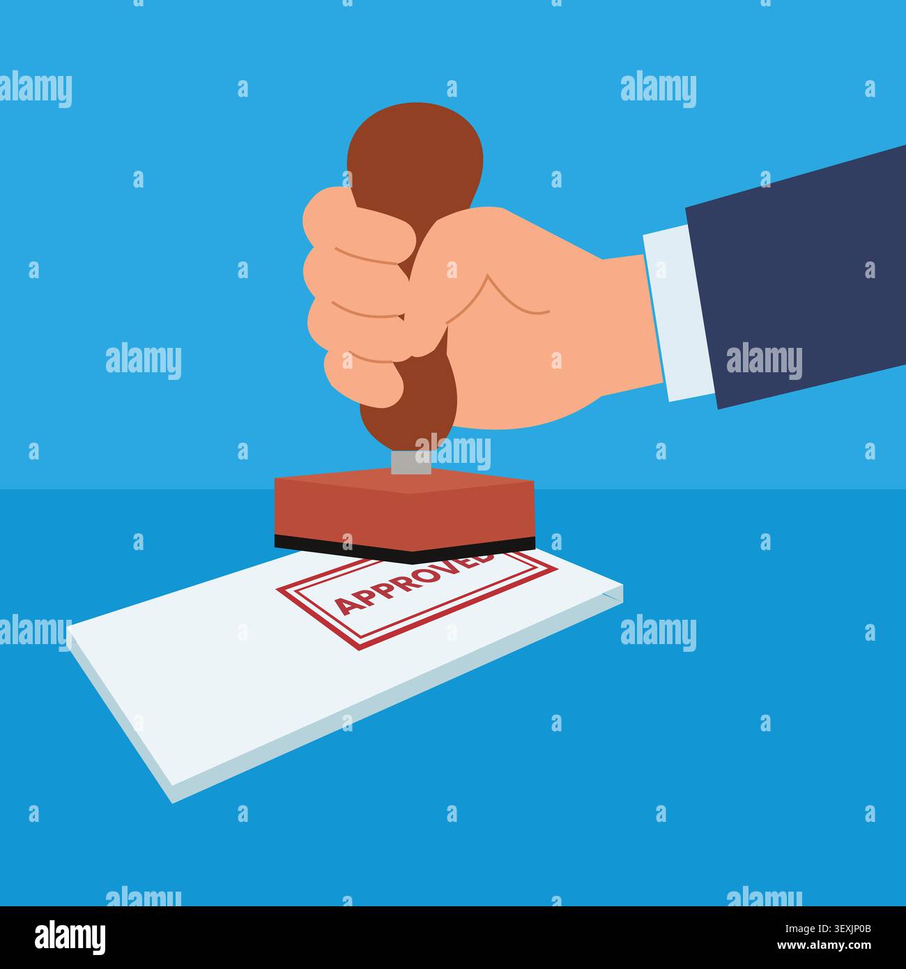 Flat vector illustration showing an official approval workflow with a stamp validating documents, symbolizing authorization, compliance, verification, Stock Vector