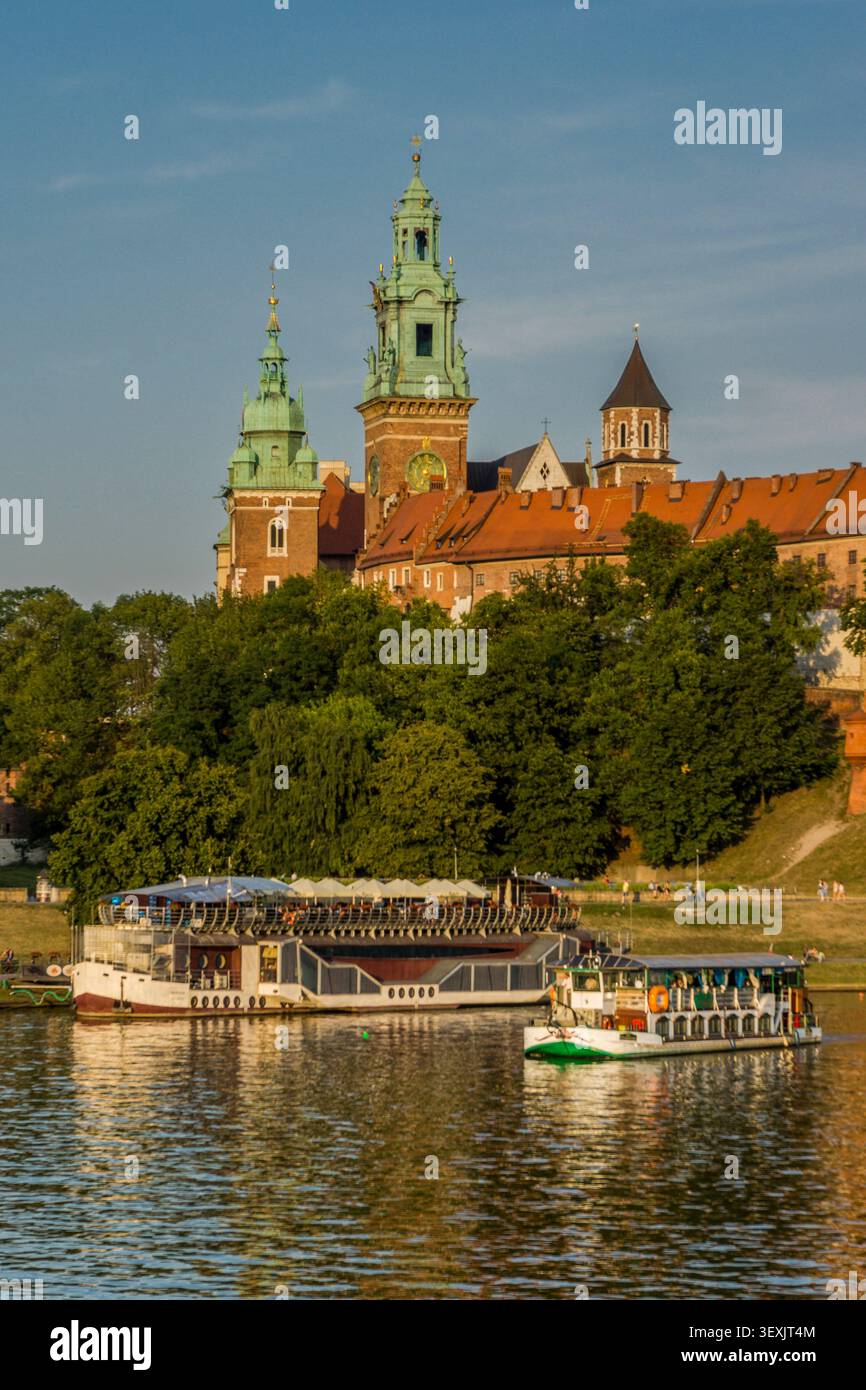 barges on the Vistula river, Wawel castle and hill, Krakow, Poland,  eastern europe Stock Photo