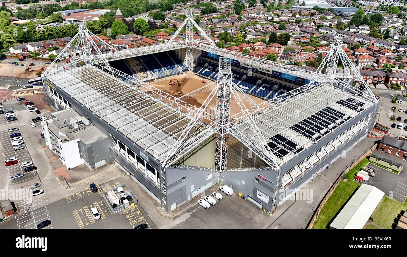 Aerial drone photograph of Deepdale Stadium, the home of Preston North End Football Club, showing pitch redevelopment works during the close season Stock Photo