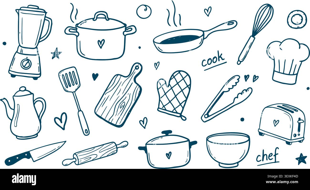 Sketchy kitchen tools and chef illustration set Stock Vector