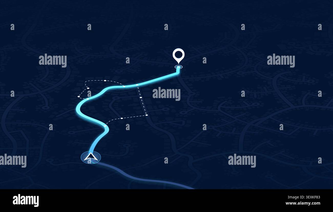 Glowing blue GPS navigation route with location pin on dark city map ...