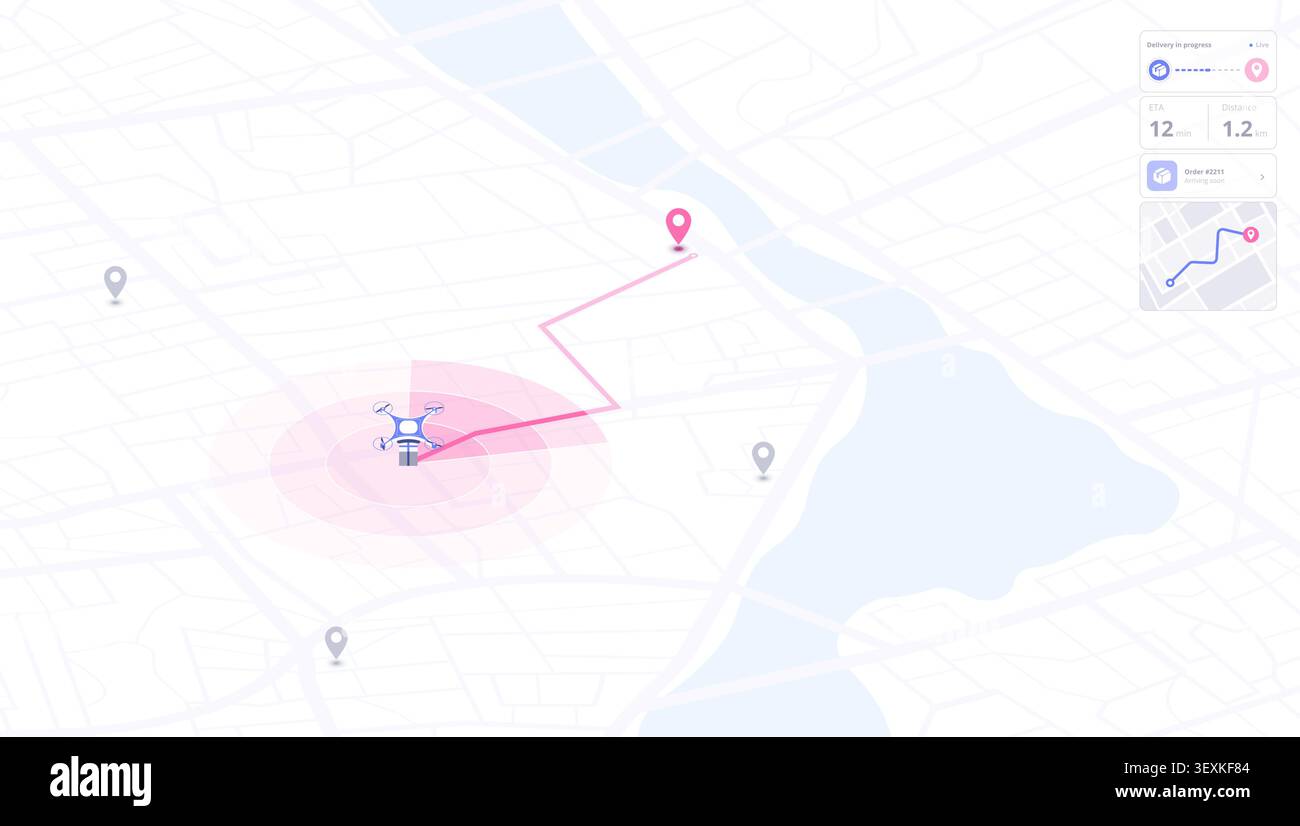 Isometric digital map interface tracking autonomous drone delivery route with pink path and user dashboard Stock Vector