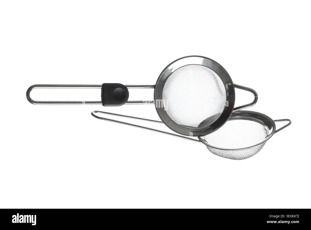 Two stainless steel kitchen strainers isolated on white Stock Photo