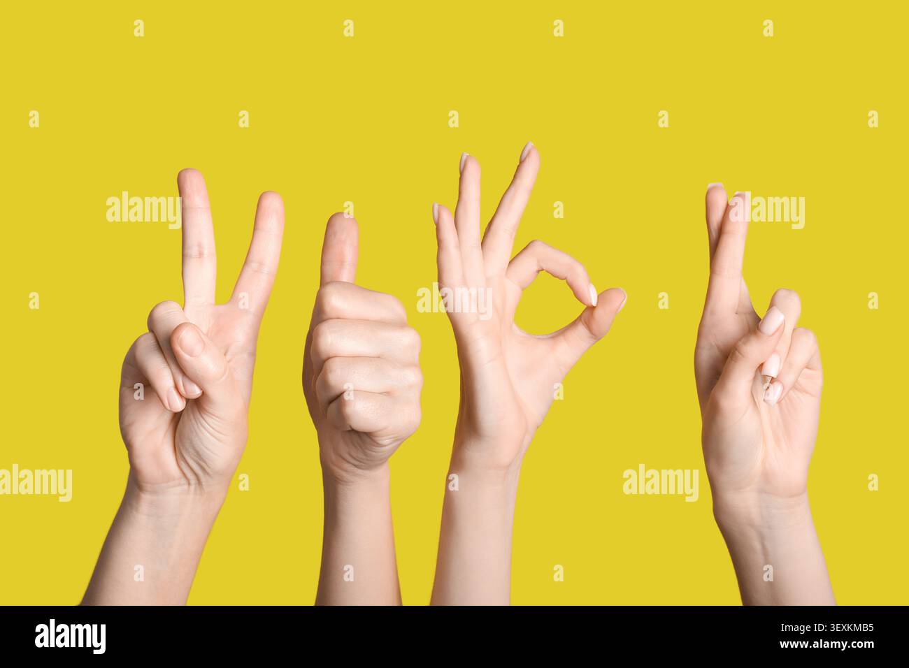 Hands showing various positive gestures on yellow background Stock Photo